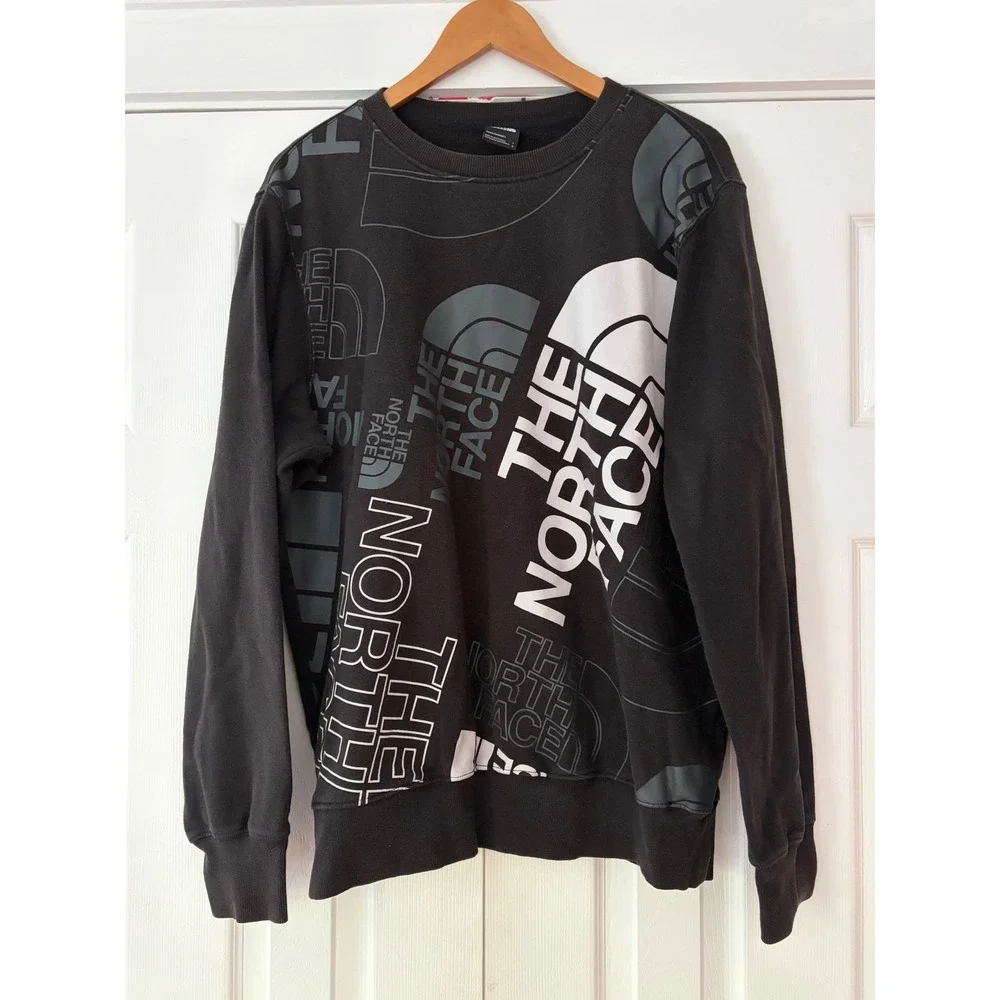 The North Face Mens Black Multi Logo Graphic Print Fleece Sweatshirt Large L